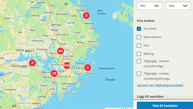 Kartvy över Stockholm och en lista med sökfilter