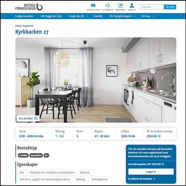 Exempel på annons med bildspel och bostadsegenskaper synliga.