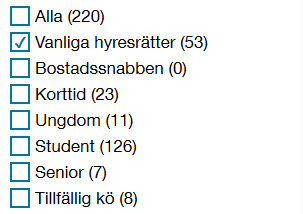 Bild som visar filtreringsfunktionen under S&ouml;k bostad